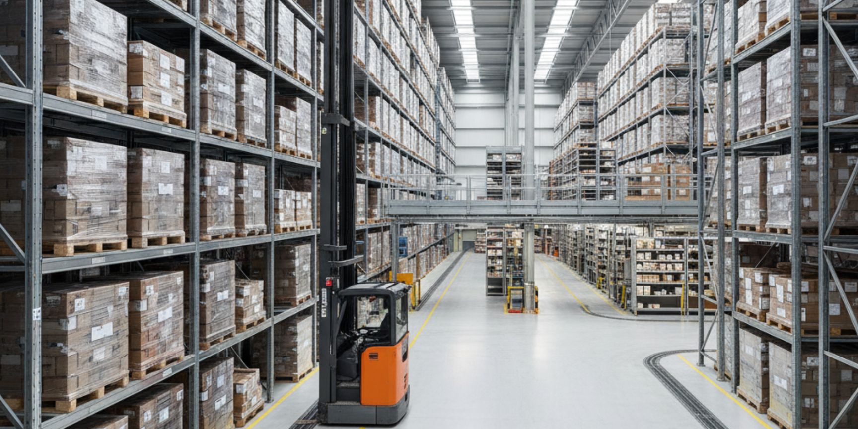 A narrow-aisle warehouse in a modern logistics hall. An orange narrow-aisle forklift is in the process of storing a pallet of cartons in a high pallet rack. The shelves reach up to the high ceiling, which is equipped with skylights. The truck travels in a very narrow aisle guided by floor rails and is surrounded by high shelves with packaged goods.